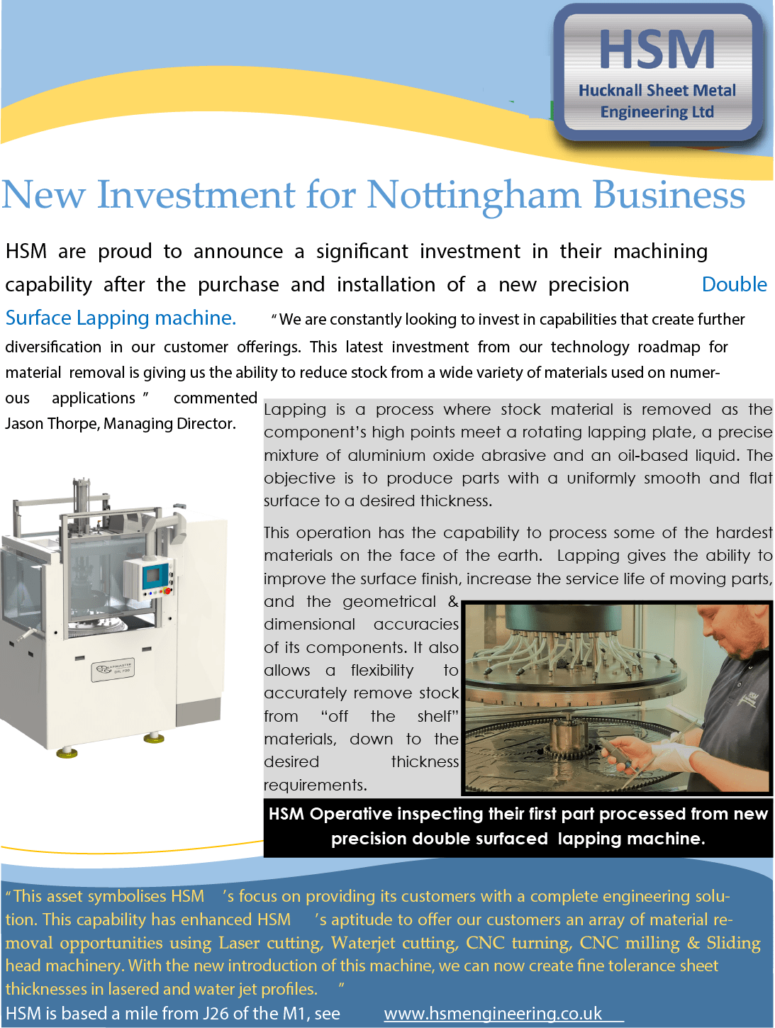 Precision Double Sided Lapping Machine; HSM Engineering Ltd, Nottingham, UK